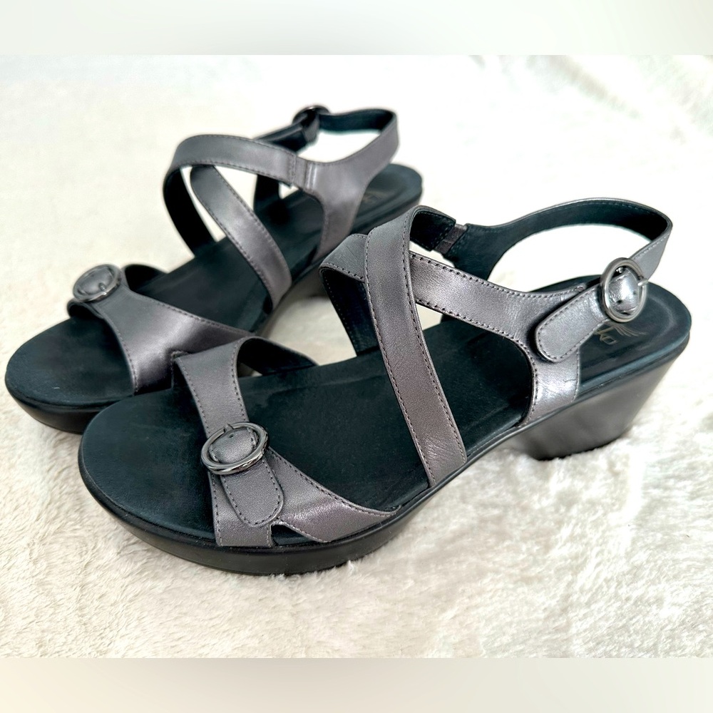 Dansko Shiny Silver Strappy Heels